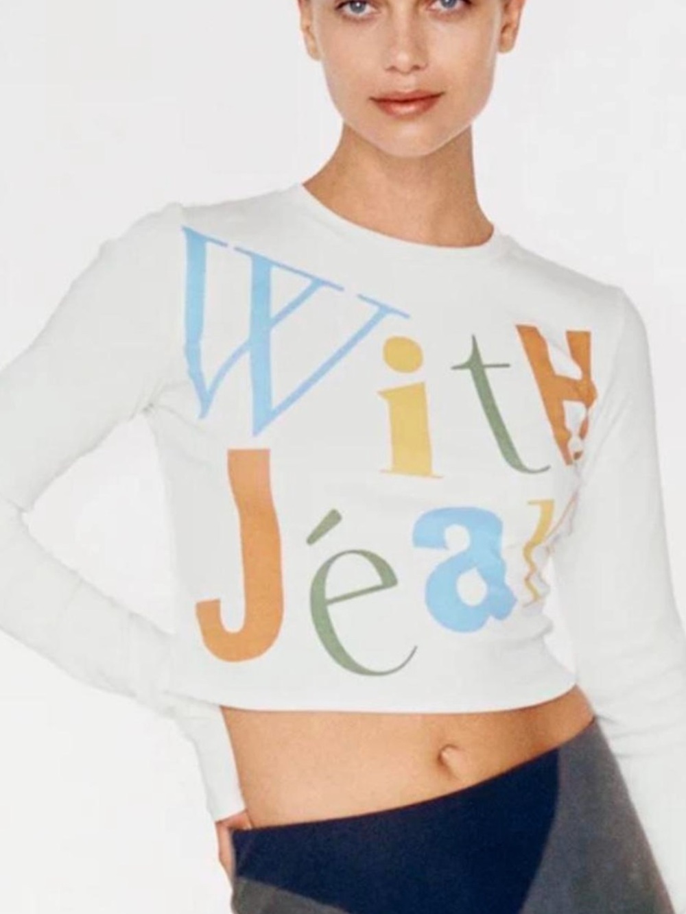 With Jean Women's White Long-Sleeve Logo Crop Top with Multicolor Print